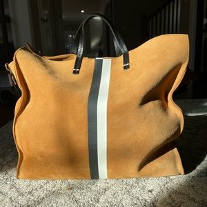 clare v simple tote // carmel suede w/ stripes
